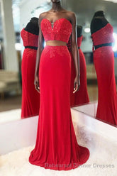 Elegant Two Piece Sweetheart Beaded Red Semi Formal Prom Dress with Lace-up Back